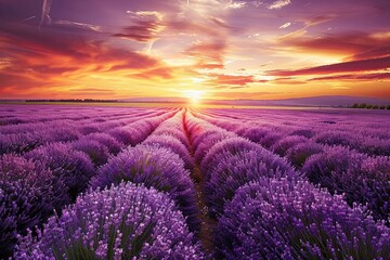 Lavender flowers bloom in a field as the sun sets in the background