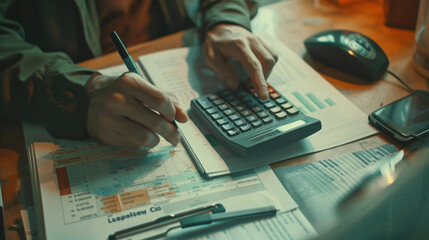 Close up of businessman working with calculator and financial documents on desk in office, Business concept forLU business , market data, crit Cinematic