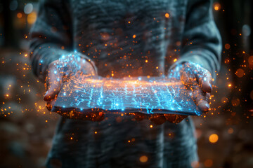 A holographic display appearing over a handwritten letter. Concept of digital vs. analog. Generative Ai.