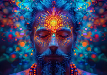 illustration of higher yoga relax chill out dmt visions spirit 7 colored chakras meditation dmt hallucinations. Generative AI