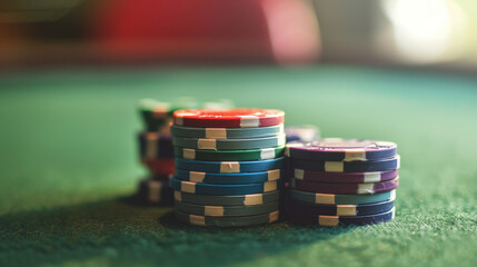 Fototapeta premium Stack of colorful poker chips on a green table