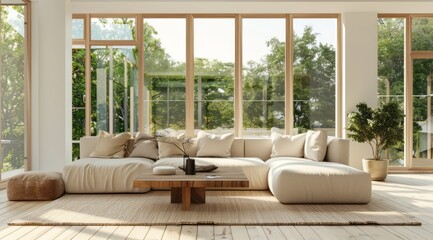 Modern Scandinavian home interior with a comfortable beige sofa, light wood coffee table, and large windows
