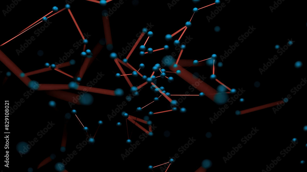 Poster chains of molecules in stream on black background. design. molecules moving in space with biological