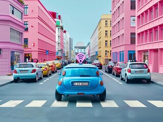 Obraz premium A comparison scene showing traditional cars vs autonomous vehicles in a simulated urban traffic environment