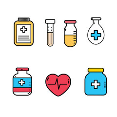 collection colorful medical icons featuring healthcare laboratory symbols. Flat design style, isolated white background, depicting medicine bottle, test tube, vaccine vial, flask, pill jar