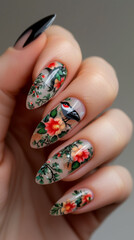 Hand with floral and bird nail art design