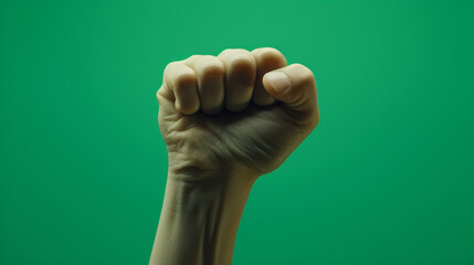 Fist raised against green background
