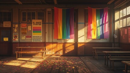 Obraz premium Pride in Isolation - Surreal Photorealistic Rendering of an Abandoned LGBTQA+ Community Center with Vibrant Rainbow Flags and Posters
