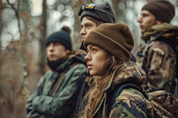 Fototapeta premium Group of Young Adults in Camouflage Gear in Forest