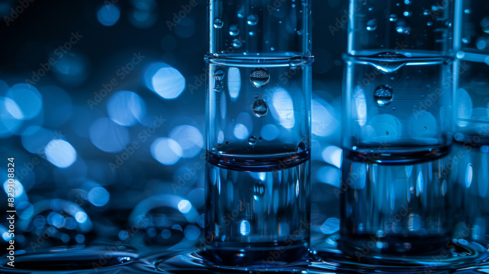Poster several test tubes containing blue liquid, depicted in a laboratory setting with sparkling highlight