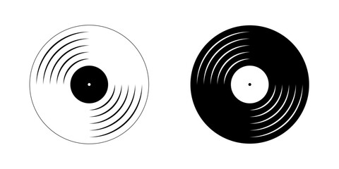 Black and white vinyl record plates icons. Turntable LP or long play music discs. DJ equipment for techno party. 70s 80s 90s discotheque nostalgia concept. Vector graphic illustration.