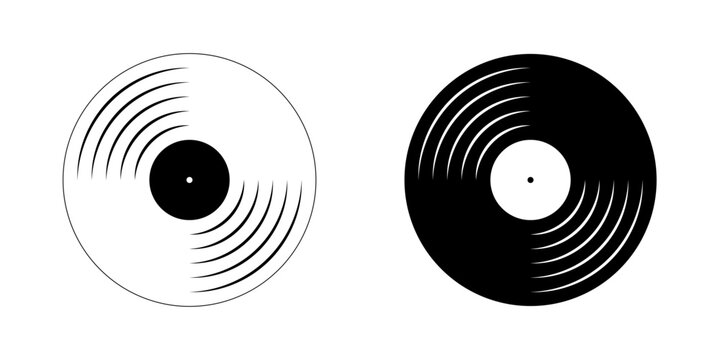 Black and white vinyl record plates icons. Turntable LP or long play music discs. DJ equipment for techno party. 70s 80s 90s discotheque nostalgia concept. Vector graphic illustration.