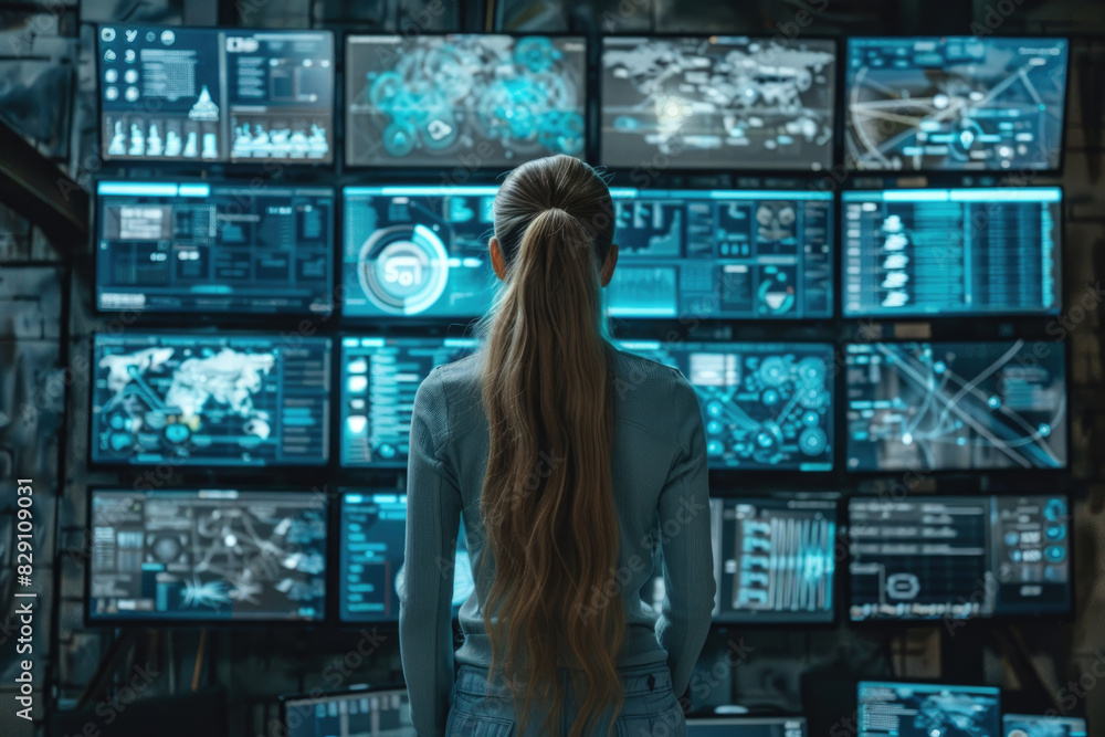 Poster a young woman with long hair stands in a high-tech control room at night, monitoring multiple comput