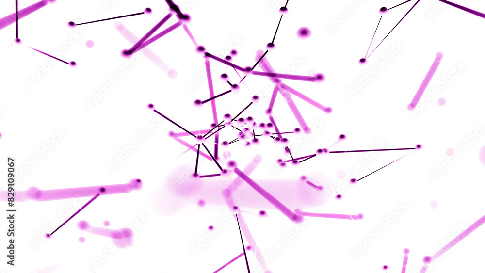 Poster colorful particles connected by lines flying flying towards camera. design. plexus dynamic backgroun