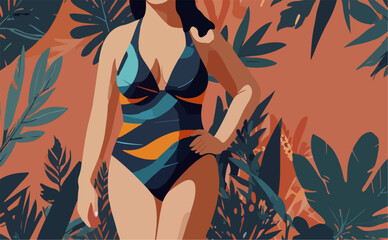 Summer time. Happy girl. Body positive movement and beauty diversity. Flat illustration. 