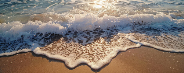 Waves crashing on sandy beach at sunset
