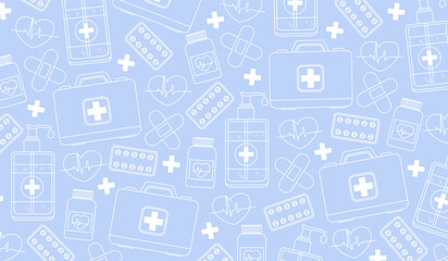 Vector medical background with line symbols includes antiseptic, patches, medical kit, etc.
