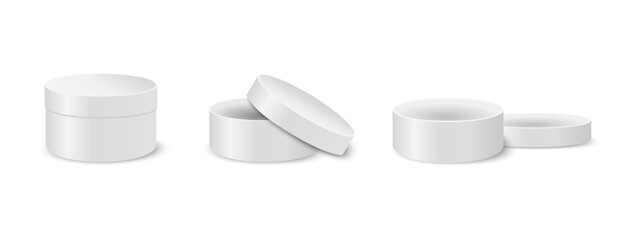 Set of closed and open round boxes. Cardboard, tin or plastic containers for gifts or hats, cosmetics or medicine, sweets or cookies. Silver cylindrical packages. Vector realistic illustration.