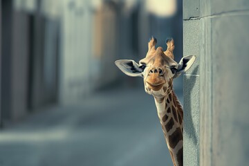 Giraffe peeking from behind wall, blurred background, long neck, curious gaze, urban setting, natural light