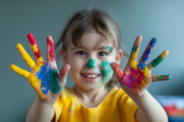 A child with a smiling face showing hands painted in vibrant colors, messy but happy.
