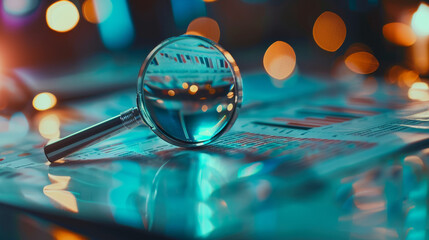 A magnifying glass over financial documents and graphs, background with bokeh effect. Business concept for change or downward trend in the stock market