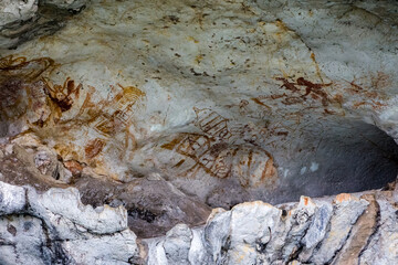 Ancient cave drawings of fish and animals in a small cave in Phang Nga Bay, Thailand