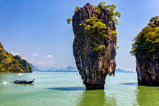 Limestone karst and pinnacle in a tropical ocean in Thailand