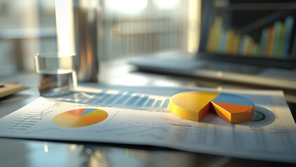 3D render of financial charts and graphs on a table with a bar graph, pie chart and other business documents