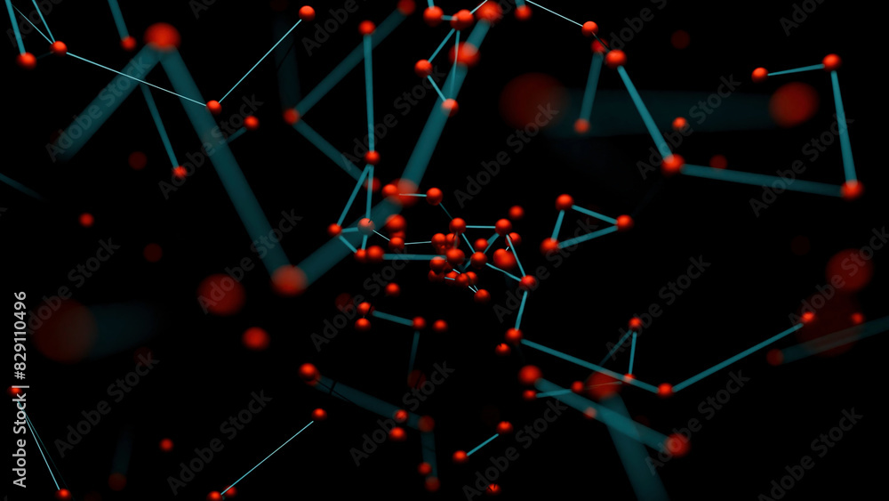 Poster chains of molecules in stream on black background. design. molecules moving in space with biological