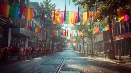 Vibrant LGBTQA+ Pride Parade Route Rendered in Realistic Detail with Rainbow Decorations and Flags Canon EOS K5 85mm