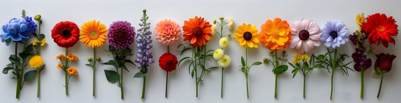 Set, collection of different beautiful flowers, blossoms. Various colors and types arranged separated in rows on white background. Decorative floral banner design for greeting cards, invitations etc.
