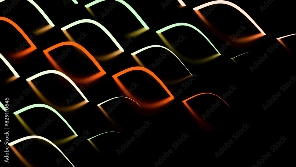 Poster lines with reflection disappear into dark space. design. colored lines disappear in waves into dark 