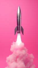 Fototapeta premium Metallic rocket launching with smoke on pink background