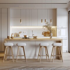 Modern Scandinavian home interior with a sleek white kitchen, light wood accents, and simple geometric decor