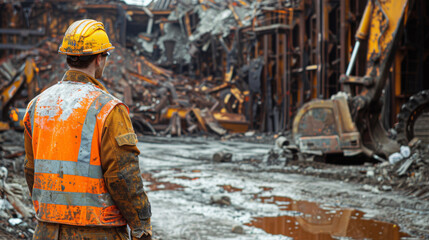 Fototapeta premium A construction worker in high visibility gear standing amidst a demolished site, surveying the ongoing work.