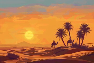 Golden desert islamic mosque date palm tree and camel arabian landscape background