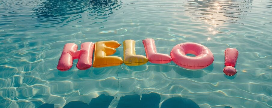 colorful inflatable letters spelling hello floating in a swimming pool - Powered by Adobe