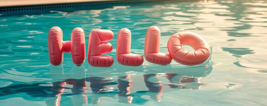 Inflatable hello balloons floating in swimming pool - Powered by Adobe
