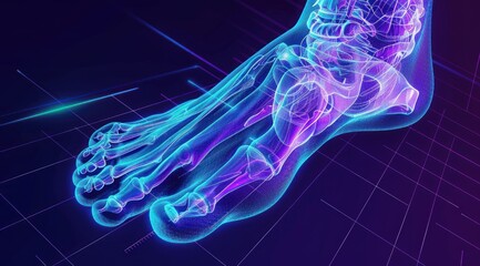Digital illustration of the foot in blue and purple, with an Xray effect showing bones and muscles inside it.