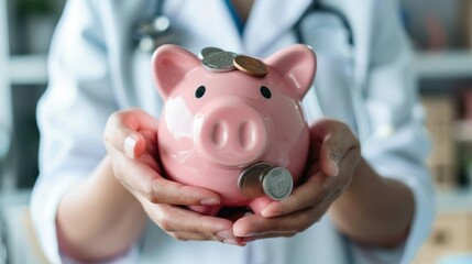 Doctor holding out your piggy bank wanting payment Your Savings To Pay Bill, insert coins to it,Stethoscope financial checkup or saving for medical insurance costs money plan fee Lifestyle