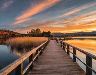 Fototapeta premium A serene scene unfolds with a wooden pier extending over a tranquil lake, bathed in the warm glow of sunset during the summer