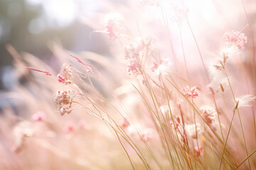 A beautiful field of tall grass with delicate pink flowers swaying in the wind