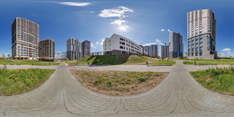 hdri 360 panorama near skyscraper multistory buildings of modern residential quarter complex in...
