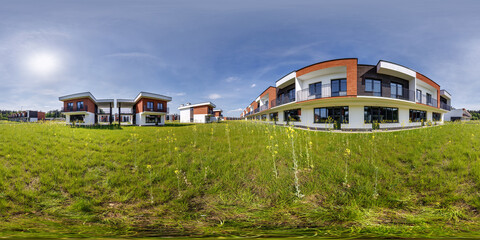 hdri 360 panorama in low-rise residential townhouse or public buildings complex with several...