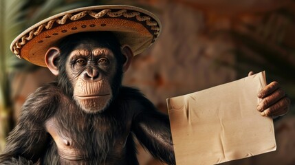 Fototapeta premium Chimpanzee with sombrero holding a blank sign
