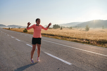 Determined Stretch: Athletic Woman Embraces Post-Run Flexibility in Nature.