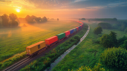 Freight train traveling on a track through lush landscape at sunrise, creating a scenic and serene atmosphere.