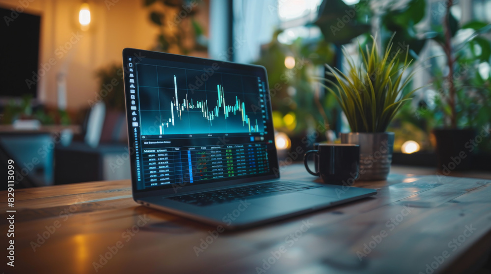 Poster laptop displaying complex financial data and graphs, set on a wooden table in a cozy indoor setting.