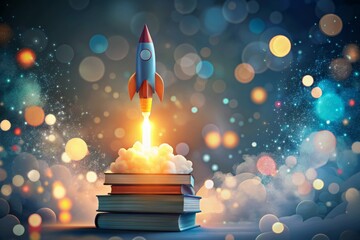 Beautiful abstract illustrations on a bokeh background, a toy rocket launches from the books and begins to spew smoke. Symbol of the thirst for knowledge and education