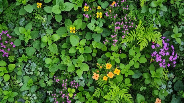 Top View of Flowering Tigirdia, Tropaeolum Majus, Viola Tricolor, and Vinca Difformis Plants